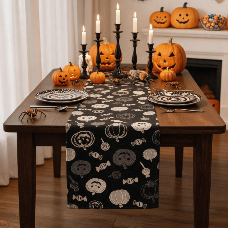 Schwarzer Tischläufer aus Baumwolle mit Halloween-Kürbis- und Süßigkeitenmotiven - Schwarz - 14" x 108" - image 0