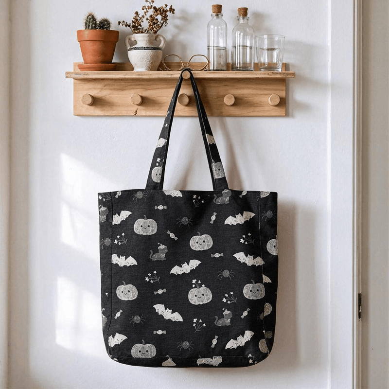 Halloween Kürbis Katze Baumwolltasche Schultertasche - Schwarz - 14,2 Zoll (B) × 15,4 Zoll (H) × 4,1 Zoll (T) - image 0