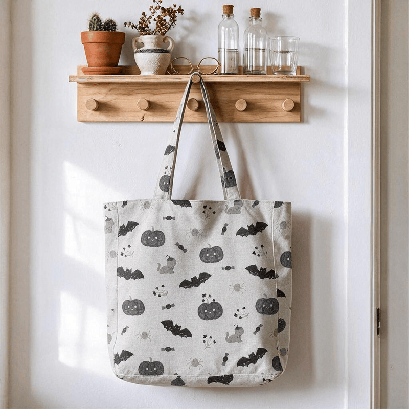 Halloween Kürbis Katze Baumwolltasche Schultertasche - Grau - 14,2 Zoll (B) × 15,4 Zoll (H) × 4,1 Zoll (T) - image 3