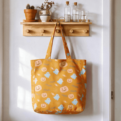 Mehrfarbige Halloween-Geister-Baumwolltasche - Orange & Gelb - 14,2 Zoll (B) × 15,4 Zoll (H) × 4,1 Zoll (T) - image 0