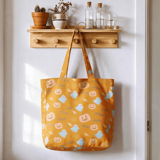 Mehrfarbige Halloween-Geister-Baumwolltasche - Orange & Gelb - 14,2 Zoll (B) × 15,4 Zoll (H) × 4,1 Zoll (T) - image 0