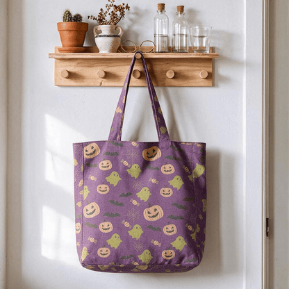 Mehrfarbige Halloween-Geister-Baumwolltasche - Tiefviolett - 14,2 Zoll (B) × 15,4 Zoll (H) × 4,1 Zoll (T) - image 18