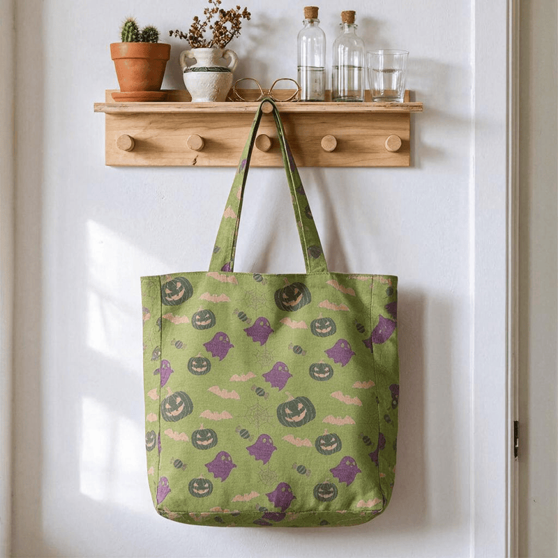 Mehrfarbige Halloween-Geister-Baumwolltasche - Grün & Lila - 14,2 Zoll (B) × 15,4 Zoll (H) × 4,1 Zoll (T) - image 21