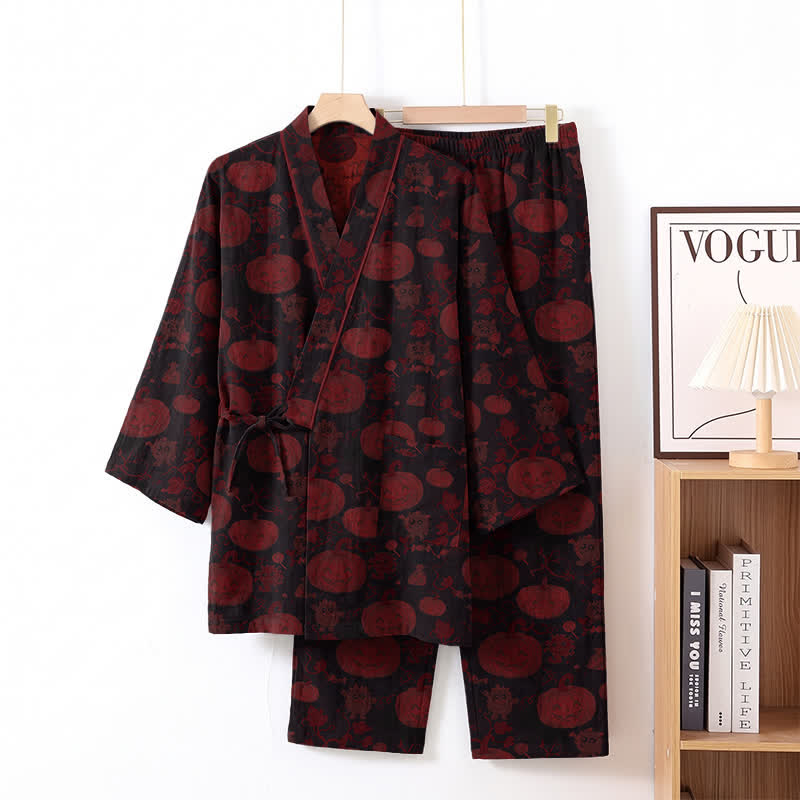 Halloween-Kürbis-Baumwollkimono-Pyjama-Set - Schwarz - XL - image 6