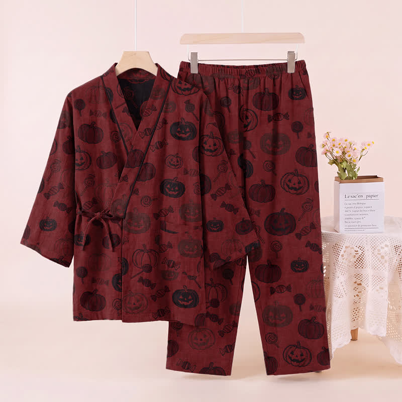 Halloween-Kürbis-Süßigkeiten-Baumwollkimono-Pyjama-Set - Rot - XL - image 2