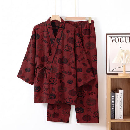 Halloween-Kürbis-Süßigkeiten-Baumwollkimono-Pyjama-Set - Rot - L - image 1