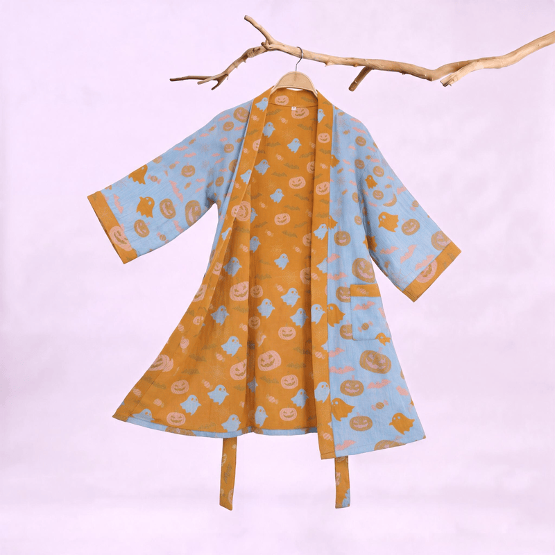 Mehrfarbiger Kürbis-Halloween-Baumwollkimono - Blau & Orange - XXL - image 5