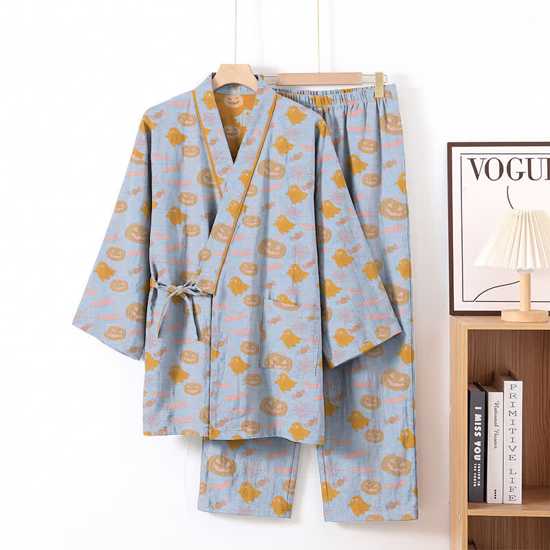 Halloween-Geister-Kürbis-Baumwollkimono-Pyjama-Set - Blau & Orange - XL - image 8