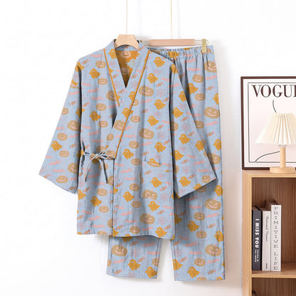 Halloween-Geister-Kürbis-Baumwollkimono-Pyjama-Set - Blau & Orange - XL - image 8