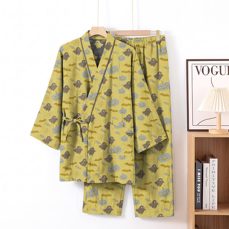 Halloween-Geister-Kürbis-Baumwollkimono-Pyjama-Set - Gelb & Grau - XL - image 16