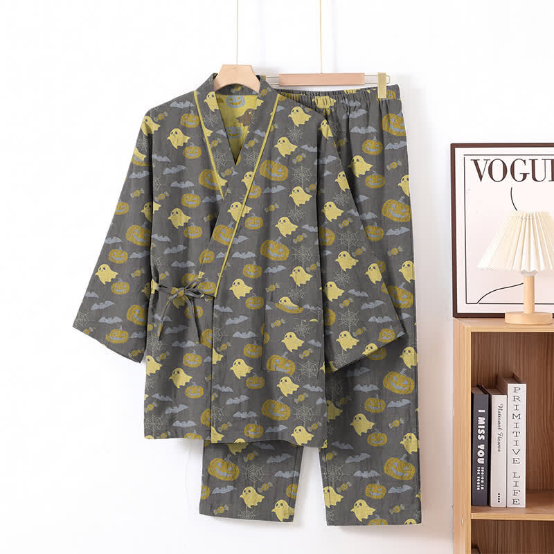 Halloween-Geister-Kürbis-Baumwollkimono-Pyjama-Set - Kaffee & Gelb - XL - image 24
