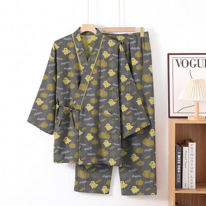 Halloween-Geister-Kürbis-Baumwollkimono-Pyjama-Set - Kaffee & Gelb - XL - image 24