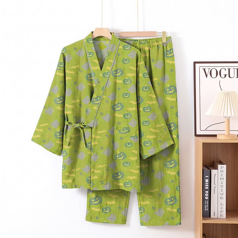 Halloween-Geister-Kürbis-Baumwollkimono-Pyjama-Set - Grün & Gelb - XL - image 32
