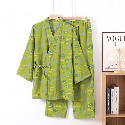 Halloween-Geister-Kürbis-Baumwollkimono-Pyjama-Set - Grün & Gelb - XL - image 32