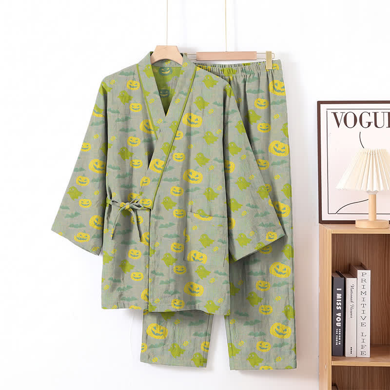 Halloween-Geister-Kürbis-Baumwollkimono-Pyjama-Set - Grau & Grün - XL - image 40