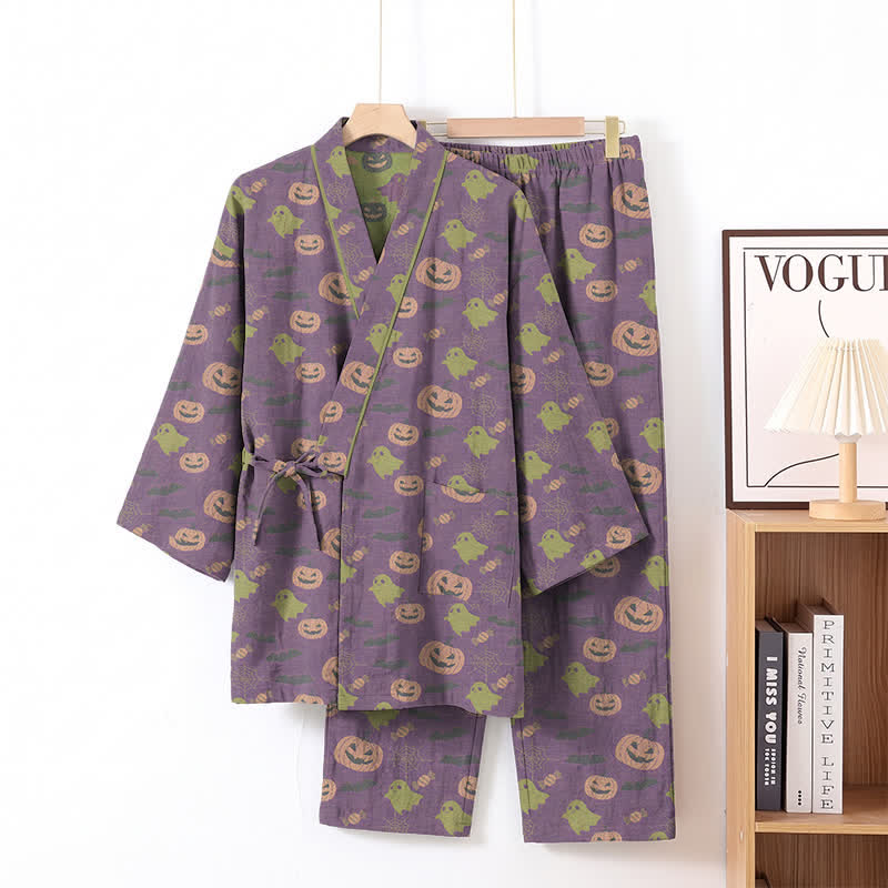 Halloween-Geister-Kürbis-Baumwollkimono-Pyjama-Set - Tiefviolett - XL - image 48