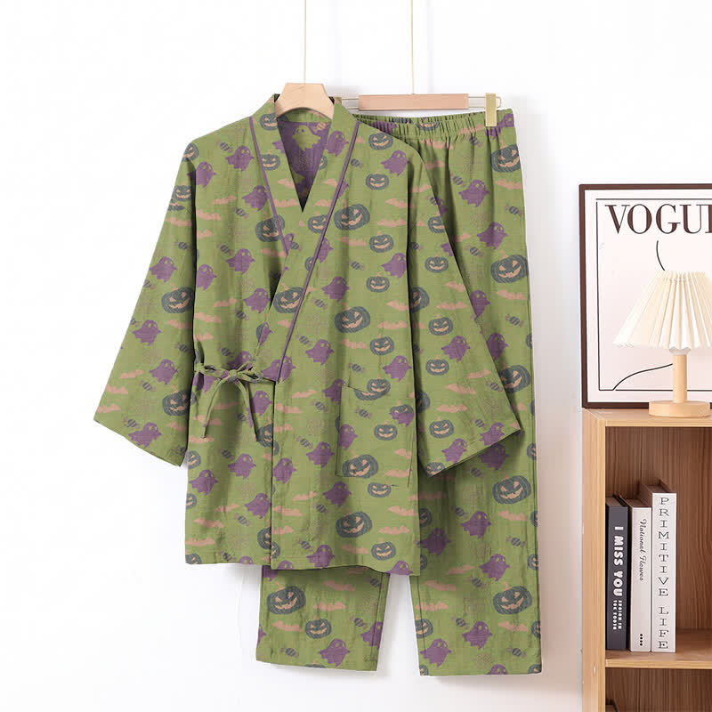 Halloween-Geister-Kürbis-Baumwollkimono-Pyjama-Set - Grün & Lila - XL - image 56