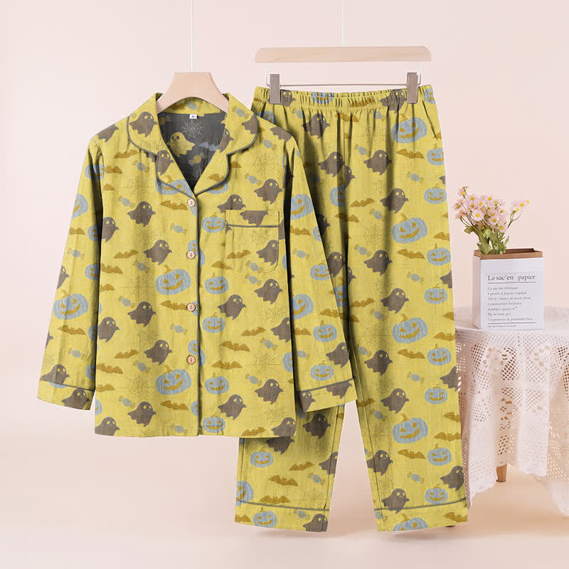 Niedliches Loungewear-Set aus Baumwolle mit Geister- und Kürbismotiven - Gelb & Grau - XL - image 12