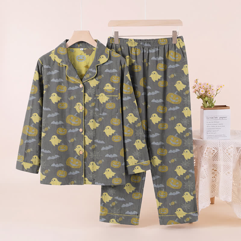 Niedliches Loungewear-Set aus Baumwolle mit Geister- und Kürbismotiven - Kaffee & Gelb - XL - image 18
