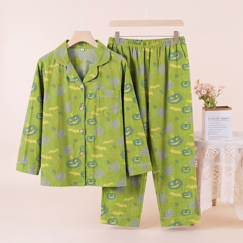 Niedliches Loungewear-Set aus Baumwolle mit Geister- und Kürbismotiven - Grün & Gelb - XL - image 24