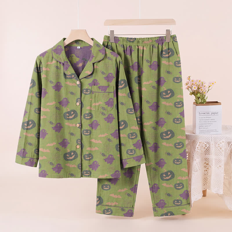Niedliches Loungewear-Set aus Baumwolle mit Geister- und Kürbismotiven - Grün & Lila - XL - image 42