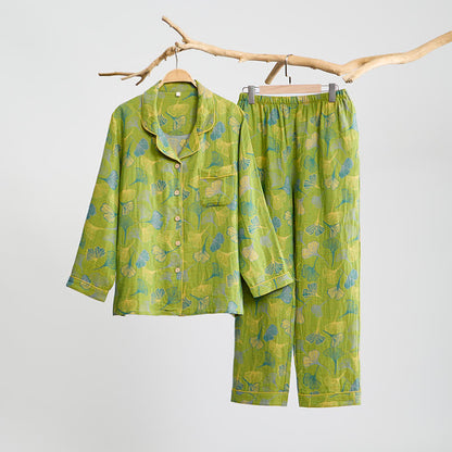 Naturinspiriertes Loungewear-Set aus Baumwolle mit Ginkgoblattmuster - Grün - XL - image 1