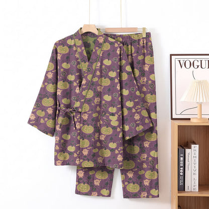 Retro Halloween Kürbis Kimono Pyjama Set - Lila - XL - image 1