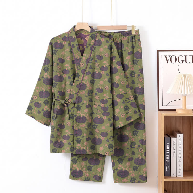 Retro Halloween Kürbis Kimono Pyjama Set - Grün - XL - image 8