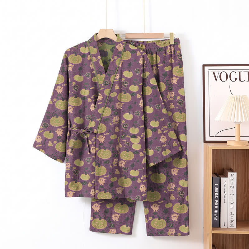 Retro Halloween Kürbis Kimono Pyjama Set - Lila - XL - image 1