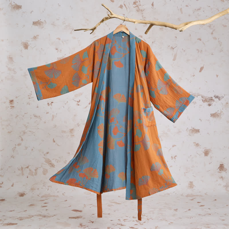 Retro-Kimono aus Baumwolle mit Ginkgoblatt - Orange - XL - image 0