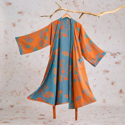 Retro-Kimono aus Baumwolle mit Ginkgoblatt - Orange - XL - image 0