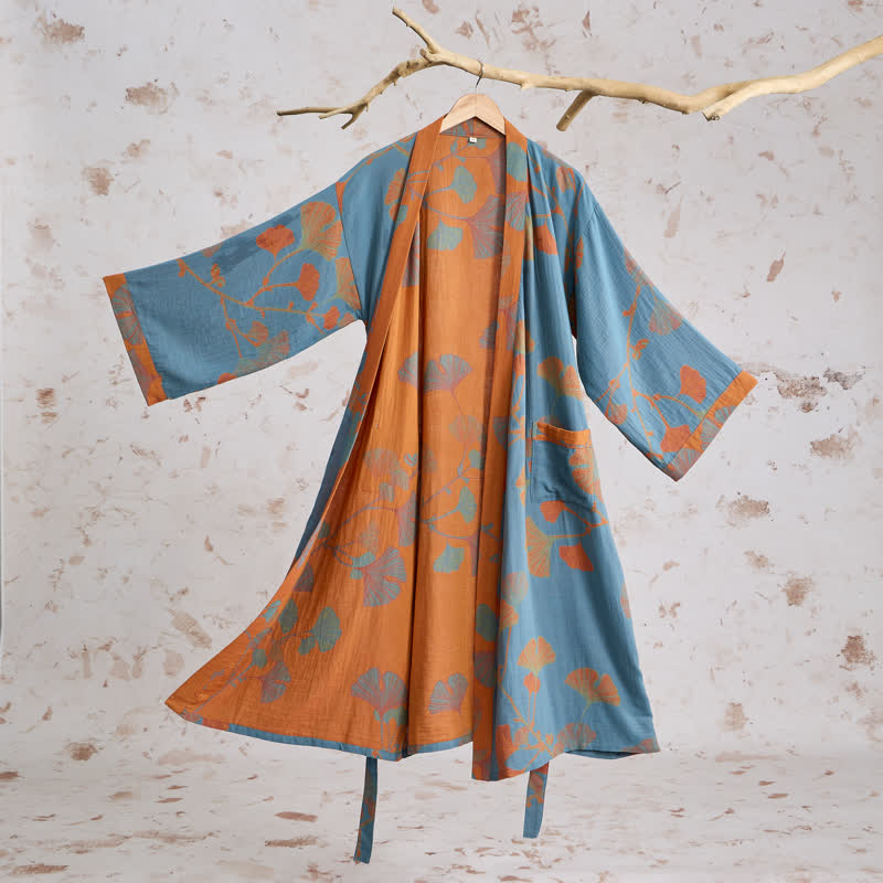 Retro-Kimono aus Baumwolle mit Ginkgoblatt - Blau - XL - image 8