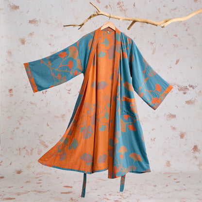 Retro-Kimono aus Baumwolle mit Ginkgoblatt - Blau - XL - image 8