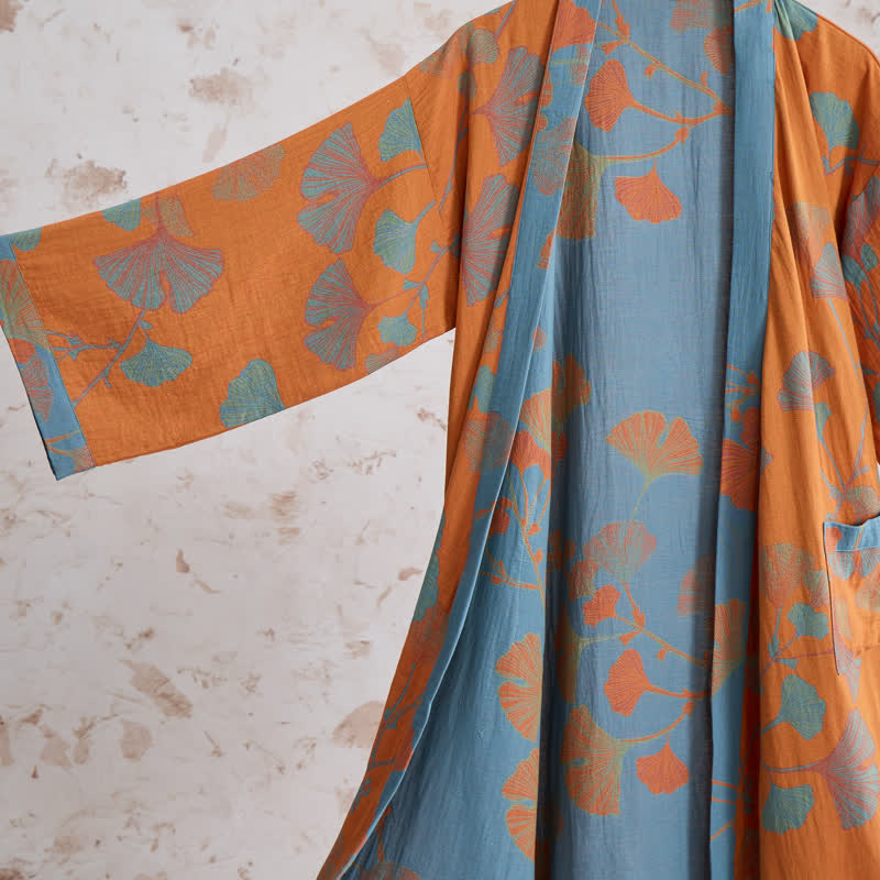 Retro-Kimono aus Baumwolle mit Ginkgoblatt - image 3