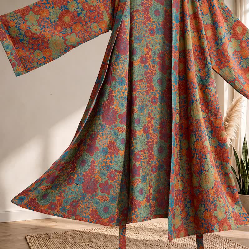 Vintage Kimono-Bademantel aus Baumwolle mit bunten Blumenmustern - image 5