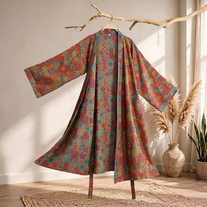 Vintage Kimono-Bademantel aus Baumwolle mit bunten Blumenmustern - Rot - XL - image 0