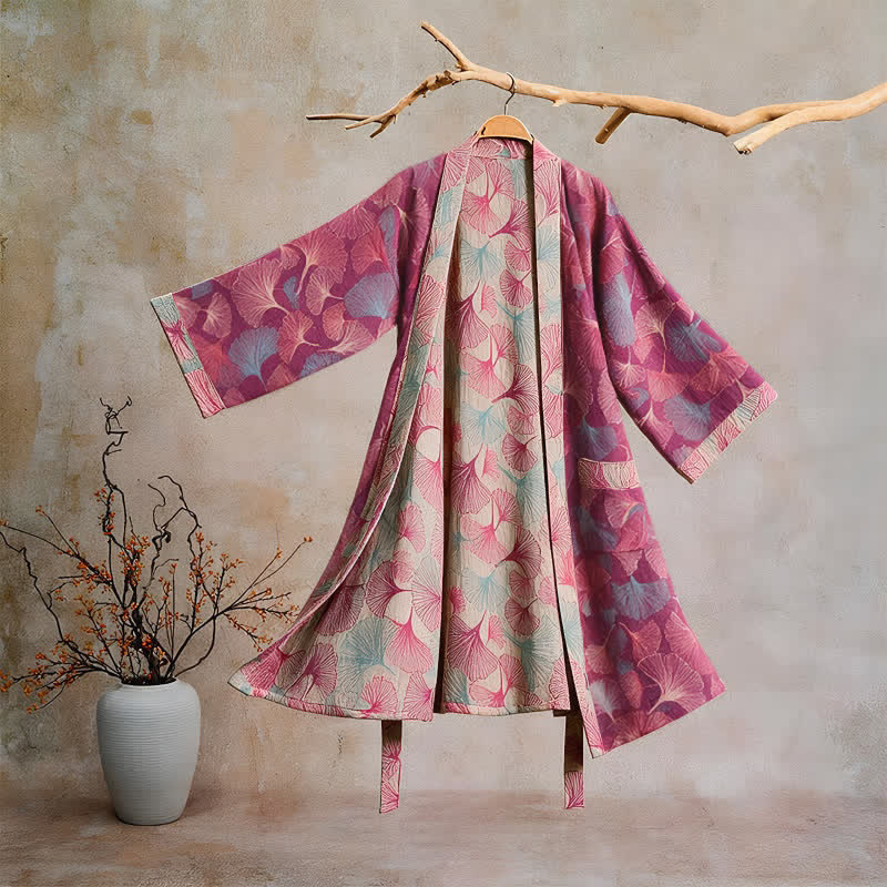 Künstlerischer Kimono aus Ginkgoblättern – Loungewear-Bademantel - Fuchsie - XL - image 0