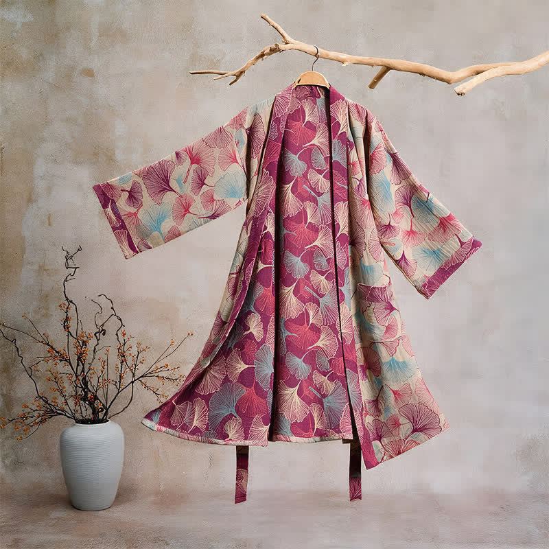 Künstlerischer Kimono aus Ginkgoblättern – Loungewear-Bademantel - Beige - XL - image 5