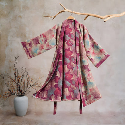 Künstlerischer Kimono aus Ginkgoblättern – Loungewear-Bademantel - Beige - XL - image 5
