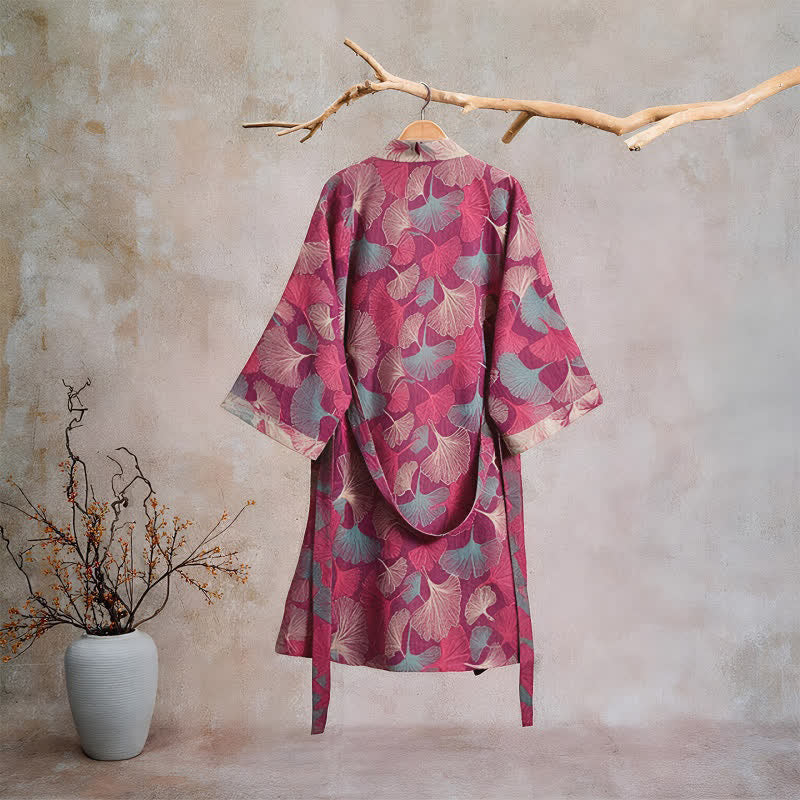 Künstlerischer Kimono aus Ginkgoblättern – Loungewear-Bademantel - image 1