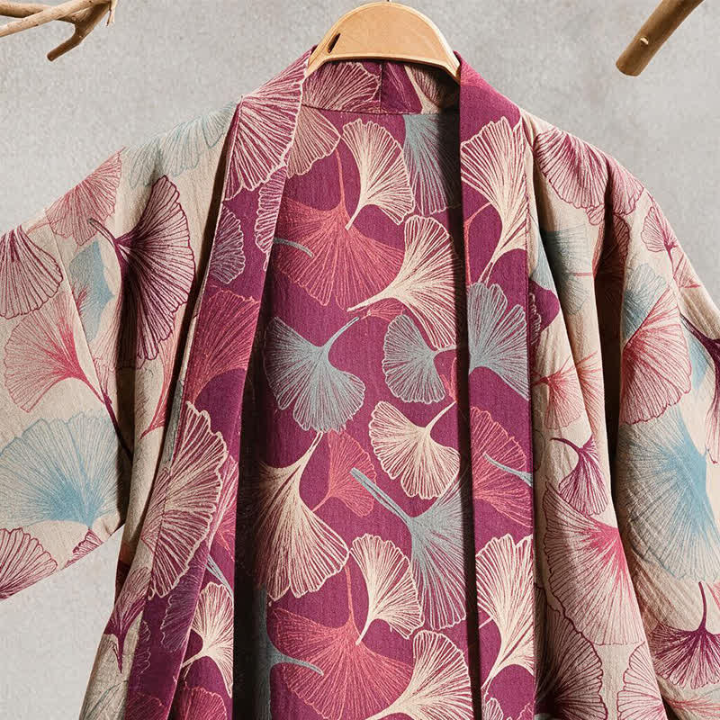 Künstlerischer Kimono aus Ginkgoblättern – Loungewear-Bademantel - image 7