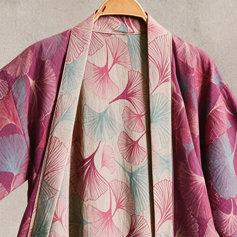 Künstlerischer Kimono aus Ginkgoblättern – Loungewear-Bademantel - image 2