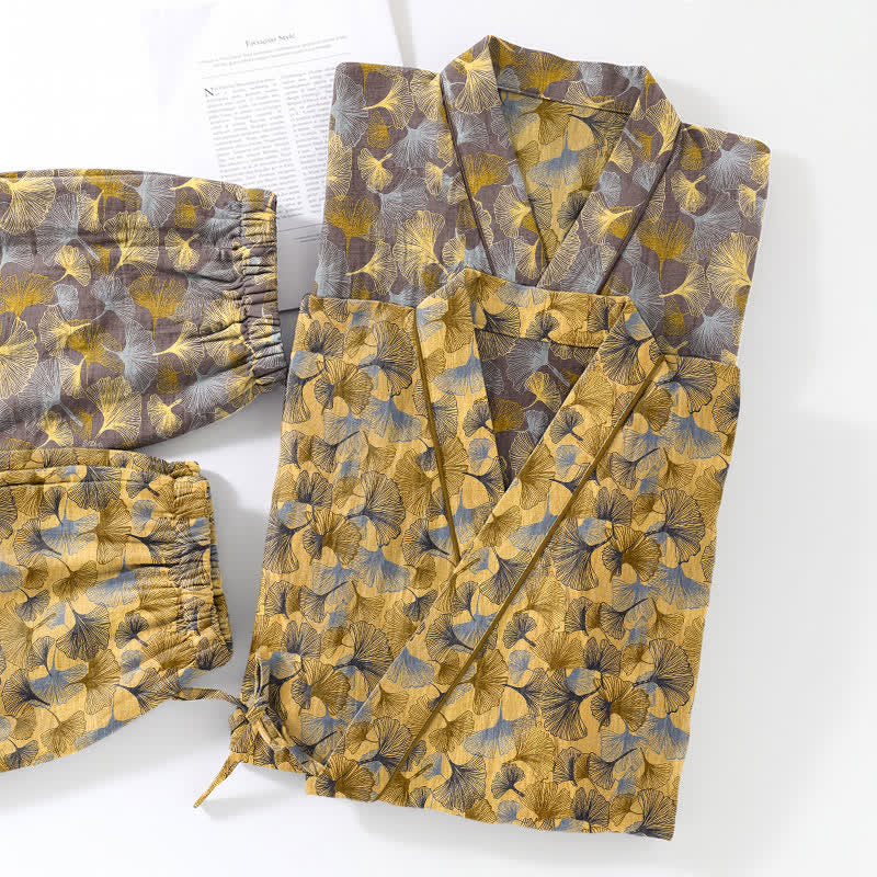Vintage Kimono-Pyjama-Set aus Baumwolle mit Ginkgoblatt-Motiv - image 5