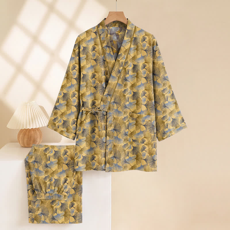 Vintage Kimono-Pyjama-Set aus Baumwolle mit Ginkgoblatt-Motiv - image 2