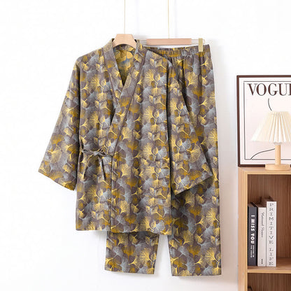 Vintage Kimono-Pyjama-Set aus Baumwolle mit Ginkgoblatt-Motiv - Hellbraun - XL - image 6