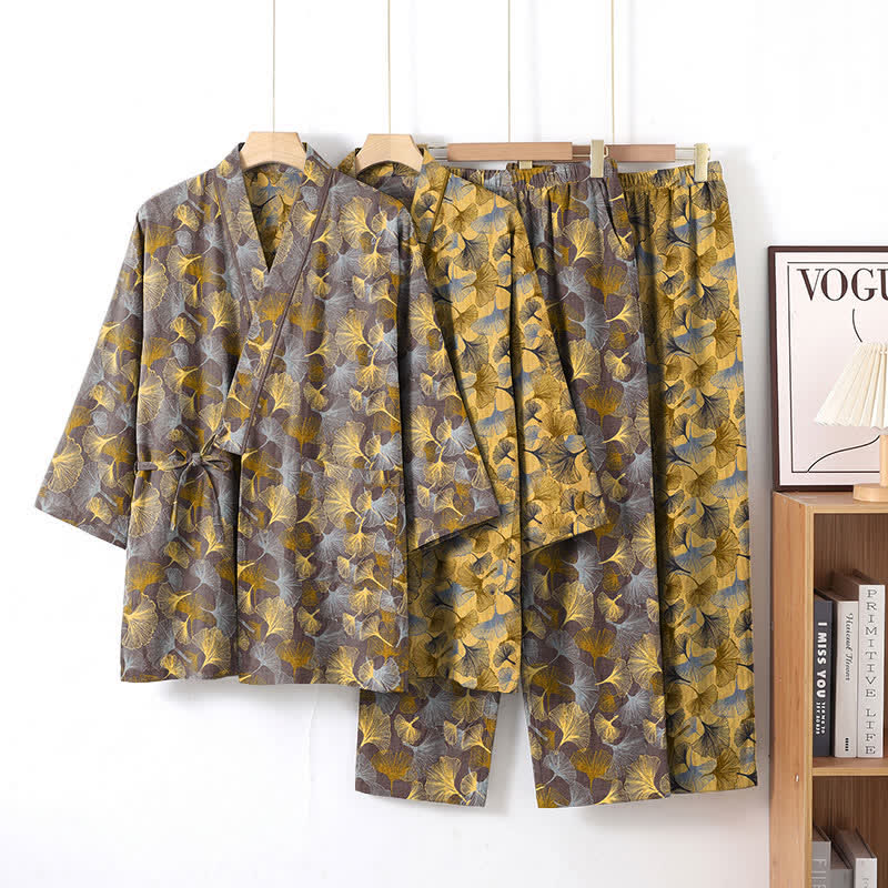 Vintage Kimono-Pyjama-Set aus Baumwolle mit Ginkgoblatt-Motiv - image 7