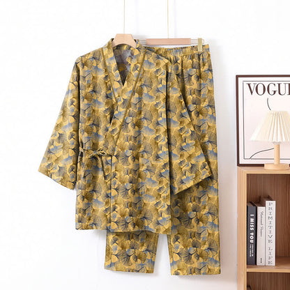 Vintage Kimono-Pyjama-Set aus Baumwolle mit Ginkgoblatt-Motiv - Gelb - XL - image 1
