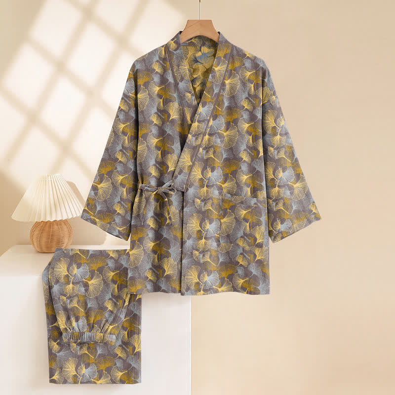 Vintage Kimono-Pyjama-Set aus Baumwolle mit Ginkgoblatt-Motiv - image 8