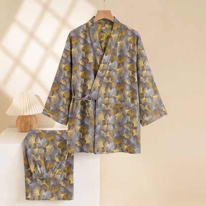 Vintage Kimono-Pyjama-Set aus Baumwolle mit Ginkgoblatt-Motiv - image 8