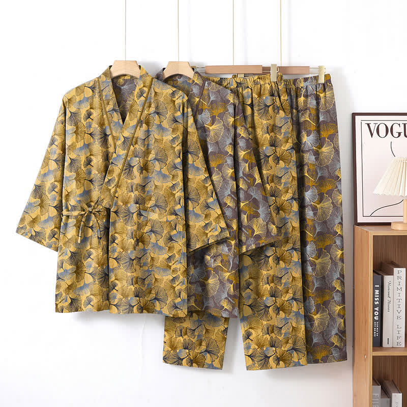 Vintage Kimono-Pyjama-Set aus Baumwolle mit Ginkgoblatt-Motiv - image 0